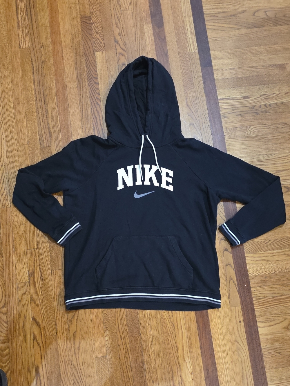 Nike Black Pullover Women's Hoodie with White Logo and Trim Size L